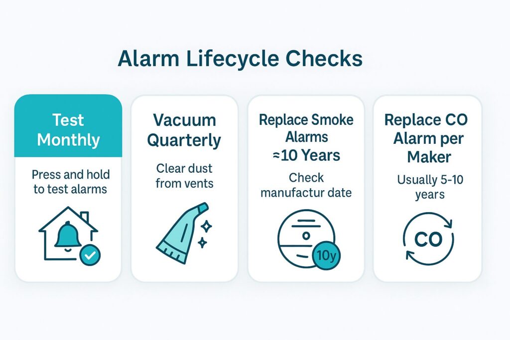 Cards labeled Test monthly, Vacuum dust quarterly, Replace smoke alarms ~10 years, Replace CO per maker guidance.