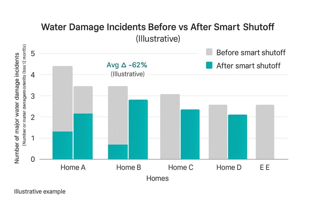Bar chart showing fewer major water-leak incidents after installing a smart shutoff valve.