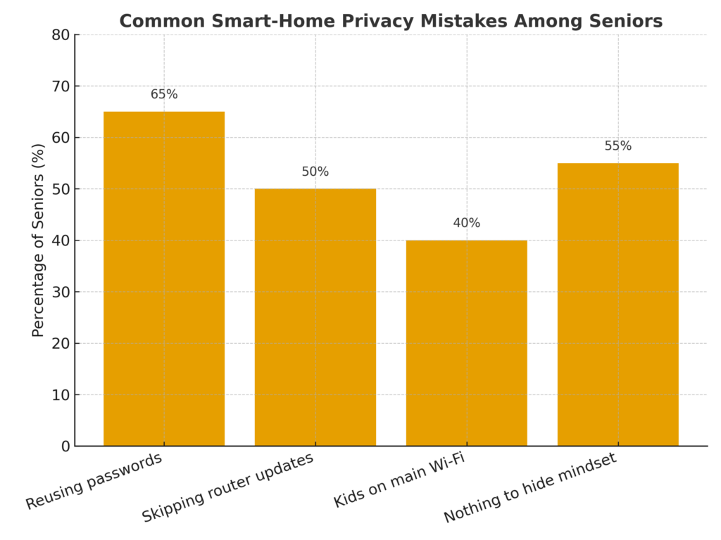 Bar chart showing common smart-home privacy mistakes by seniors