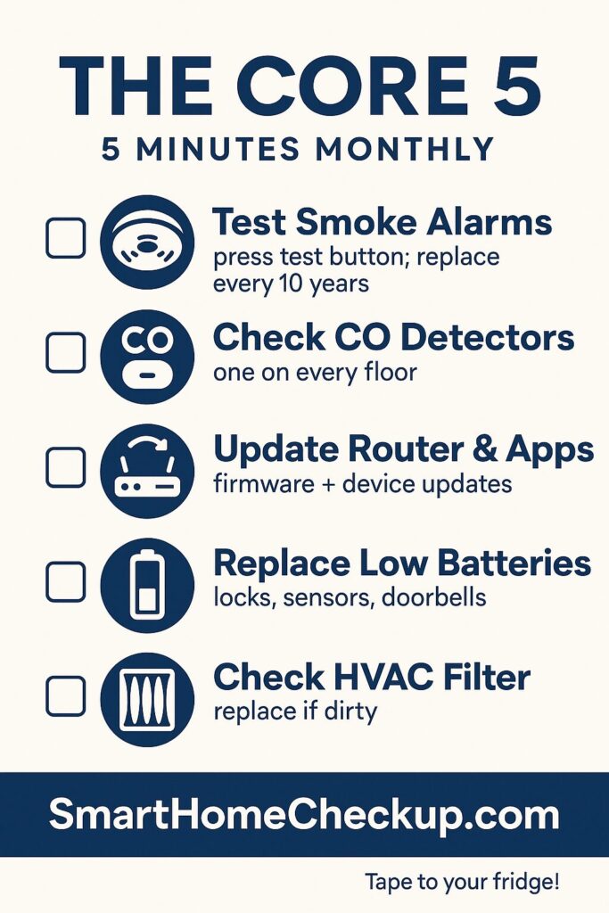 Core 5 mini poster listing smoke alarm test, CO check, router updates, battery swaps, and HVAC filter.