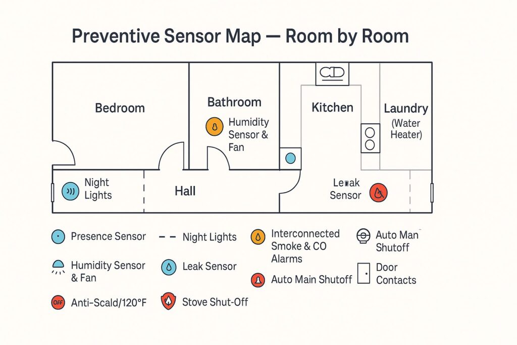 Floor plan annotated with presence, leak, stove shut-off, smoke/CO, and door sensors.