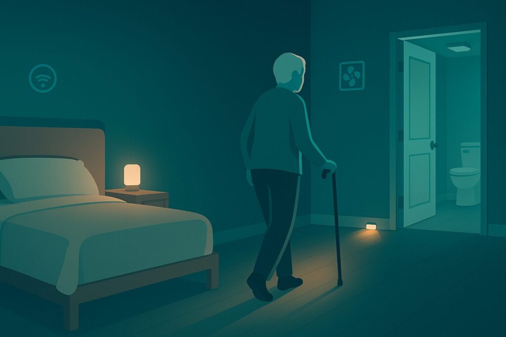 Senior walking safely at night as path lights turn on automatically from bed to bathroom.
