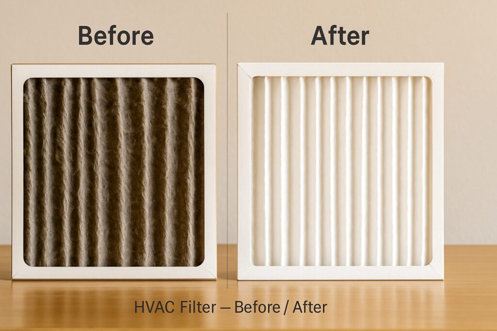 Side-by-side filters showing a dirty used filter and a clean new filter.
