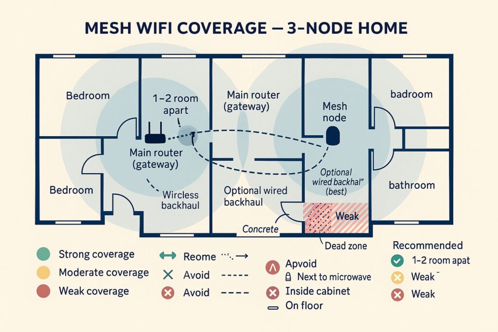 Floor plan with overlapping Wi-Fi zones from a main router and two mesh nodes.