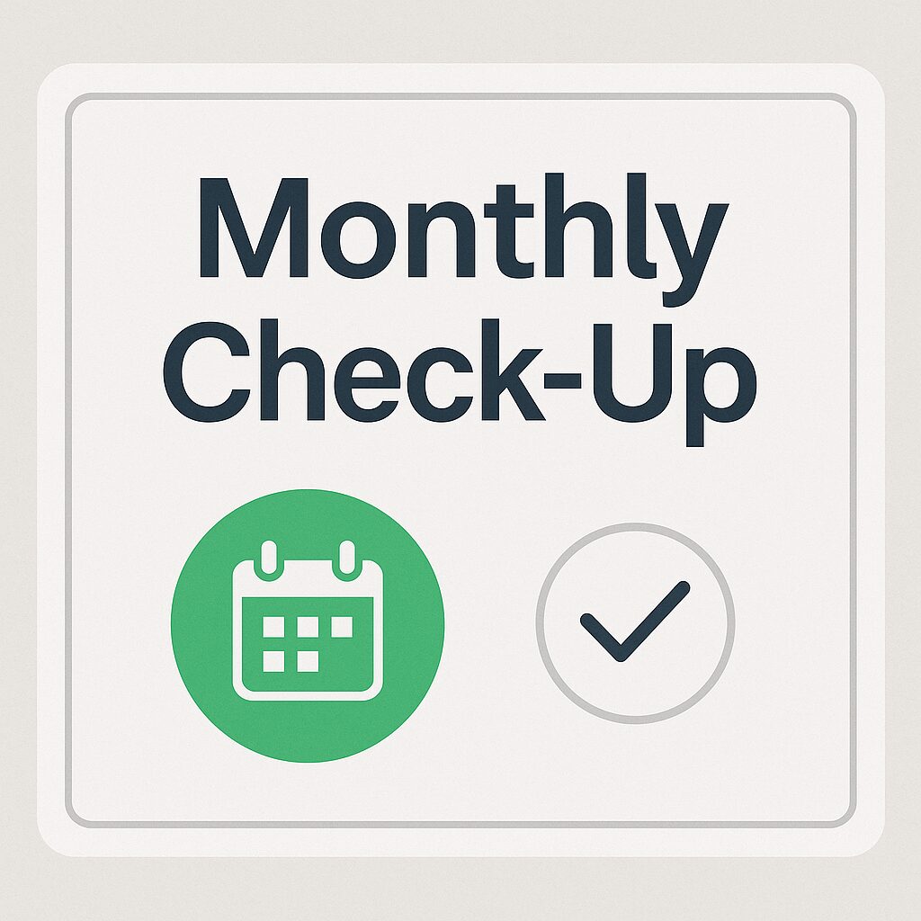 Monthly smart-home privacy checkup card with calendar and checklist icons