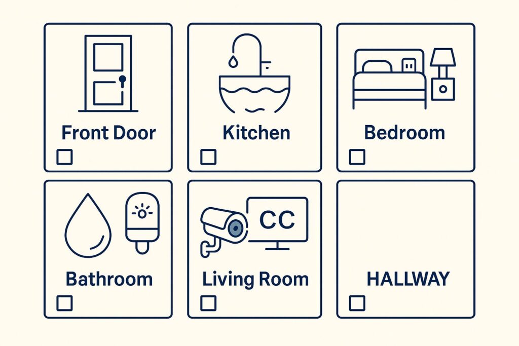Six icons for front door, kitchen, bedroom, bathroom, living room, and hallway.