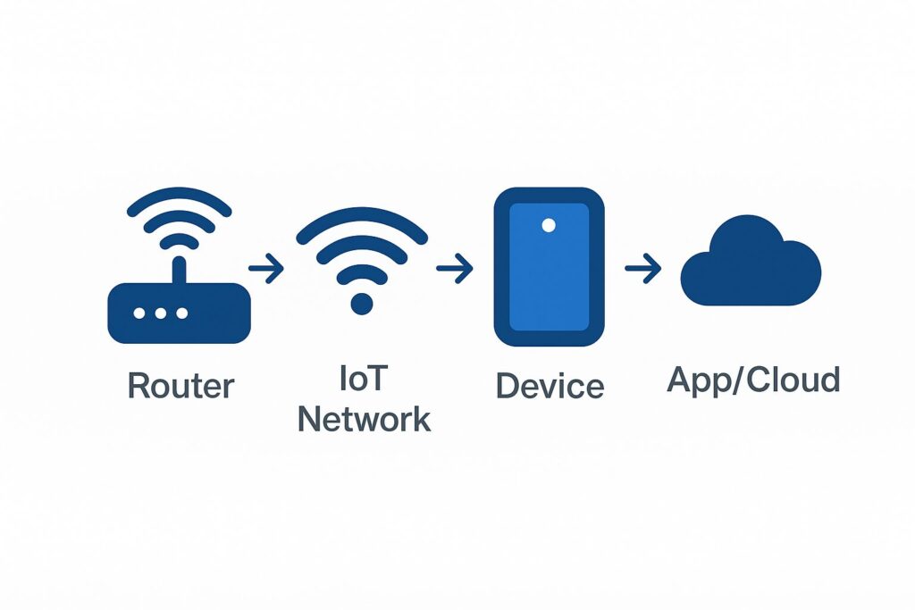 Secure smart home setup flowchart: Router → IoT Network → Device → App/Cloud