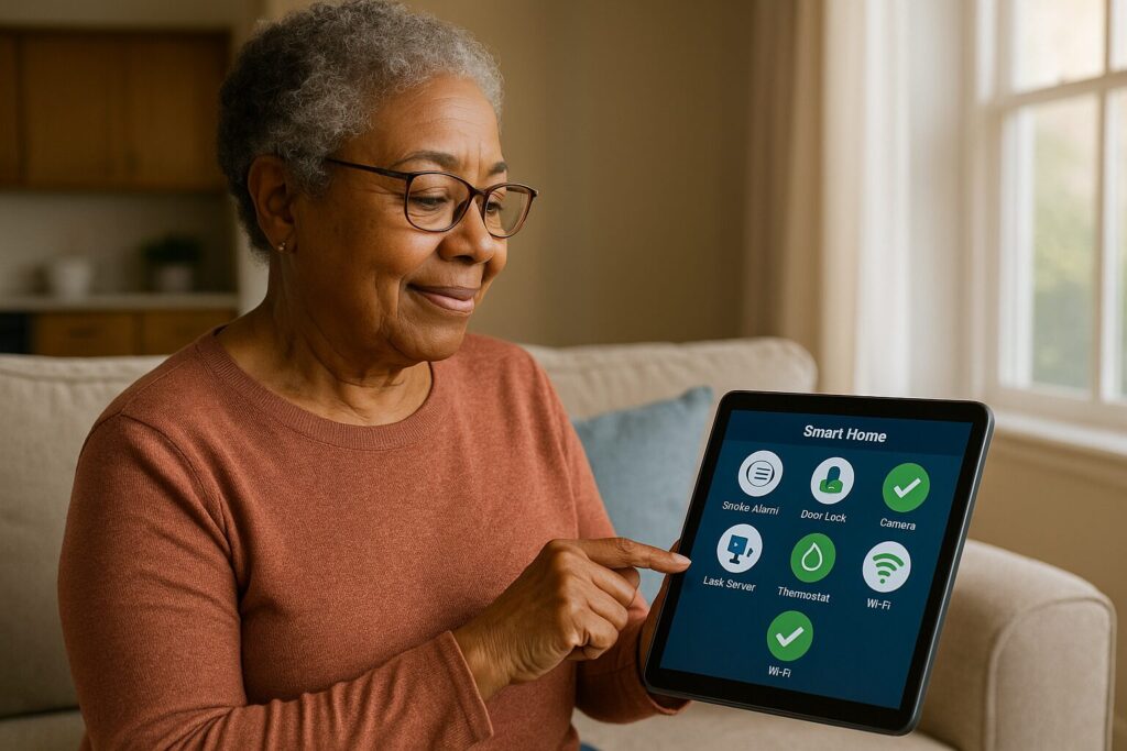 Older adult using a tablet to confirm smart-home devices are all green and online.