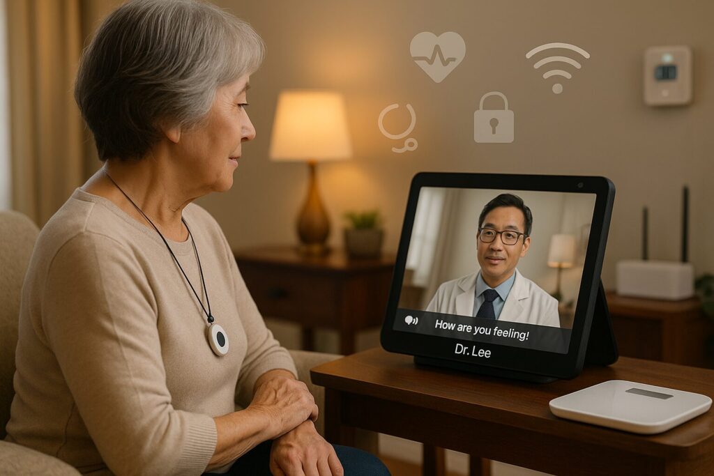Senior using a smart display for a telehealth video visit with connected BP cuff and scale nearby.