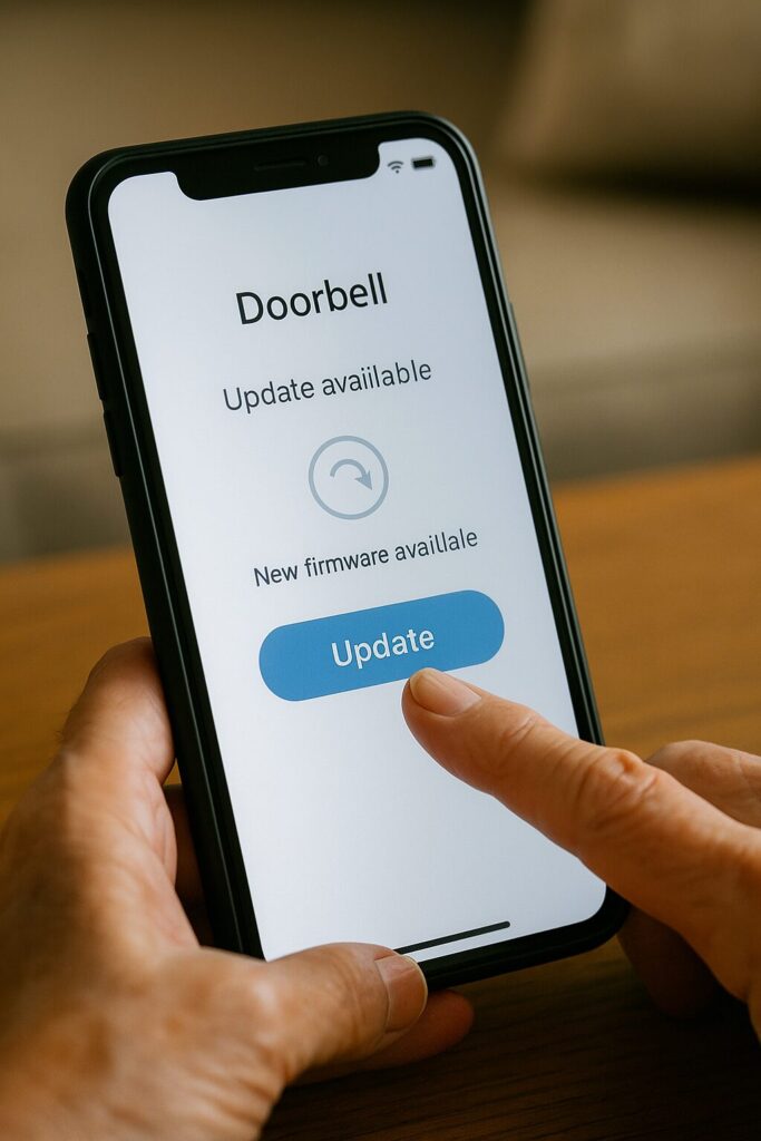Hand tapping the Update button for a smart doorbell firmware prompt on a phone.