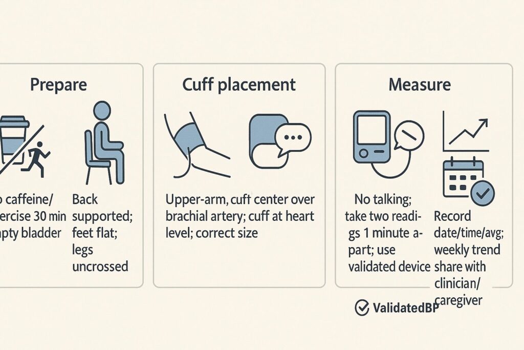 Steps for accurate BP using validated upper-arm device