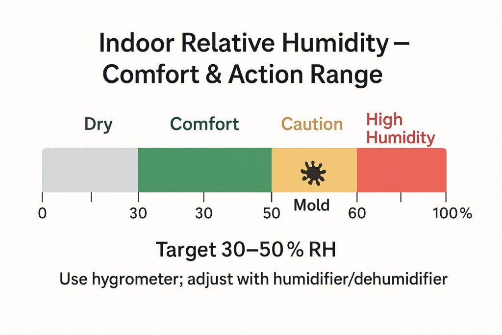 Indoor humidity comfort band highlighting 30–50% RH