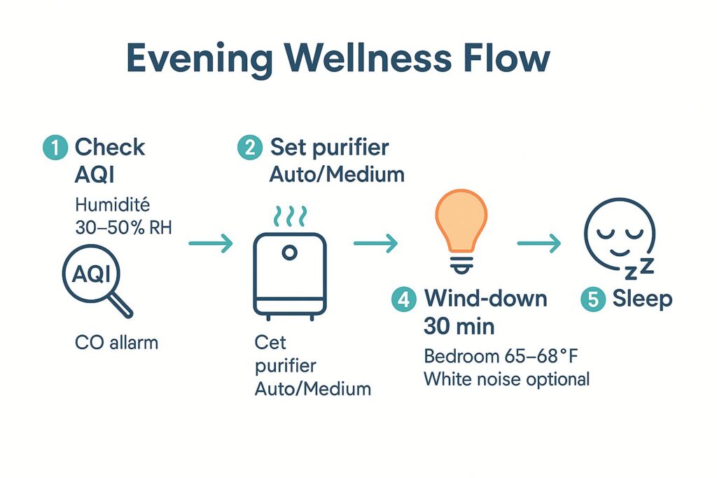 Evening wellness flow: AQI check → purifier → wind-down → sleep