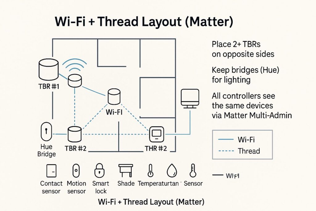 Floor plan diagram showing Wi-Fi AP and two Thread Border Routers with device clusters.