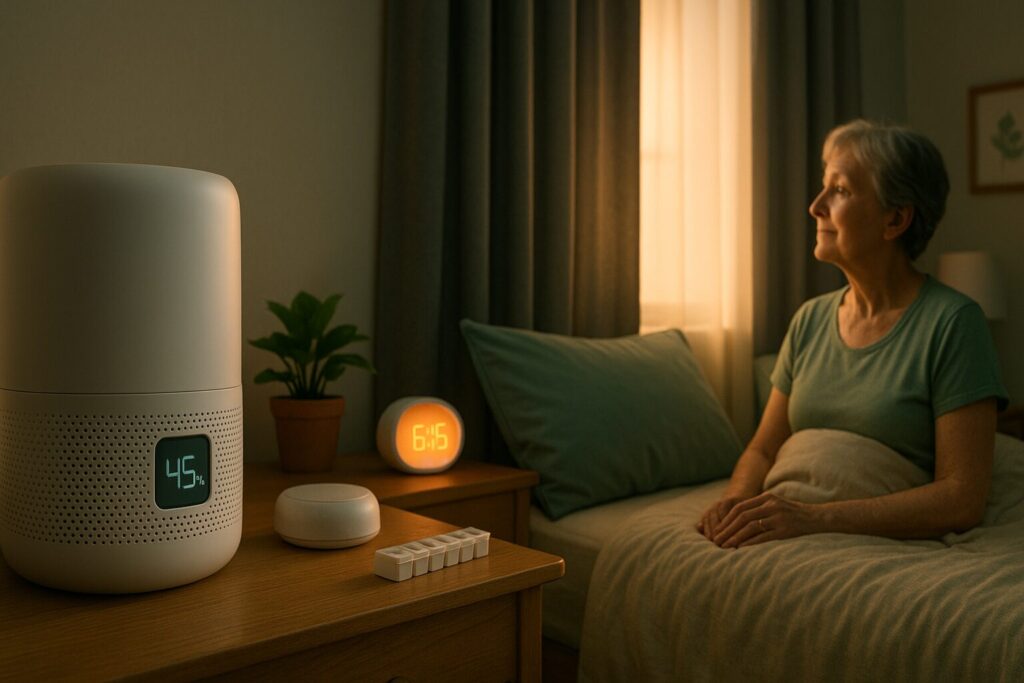 Cozy bedroom with purifier, hygrometer at 45% RH, sunrise clock, relaxed older adult