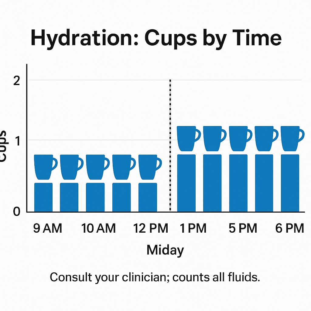 Hydration chart showing hourly cups from 9 AM to 6 PM with a midday marker.